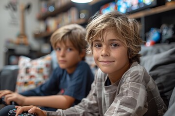 Two boys fully engaged in playing video games together with focus
