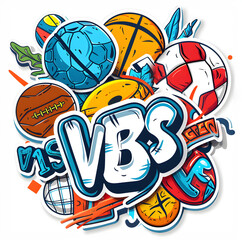 Text VBS (Vacation Bible School) sport sticker, illustration advertisement, Christian camp concept. isolated white background.