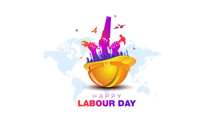 EPS illustration of 1st may, Labor Labour Day celebration background. Happy International Labor Day text with safety helmet workers.