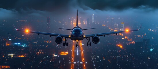 Urban Twilight Voyage: Passenger Jet Flying Over Night City