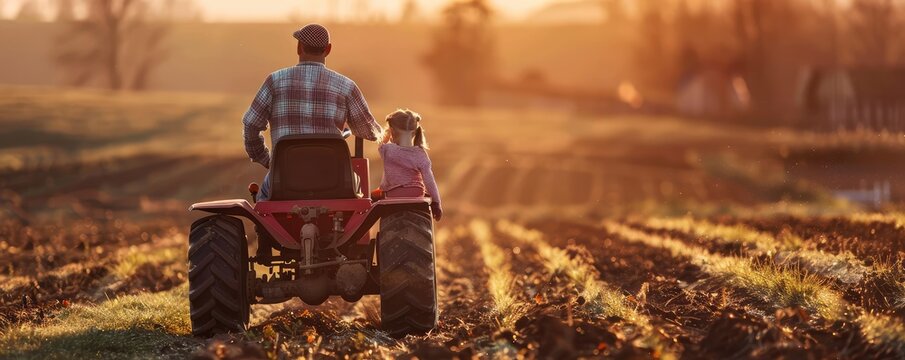 A back view of the farmer father riding tractor with him daughter.