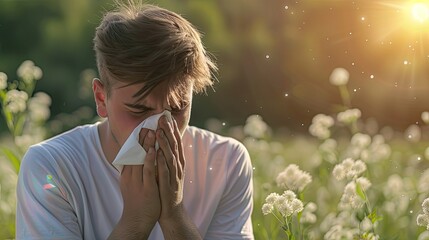 young man suffering from seasonal pollen allergy  outdoor Generative AI