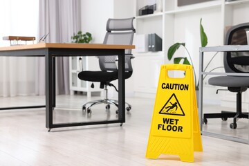 Cleaning service. Wet floor sign in office, space for text