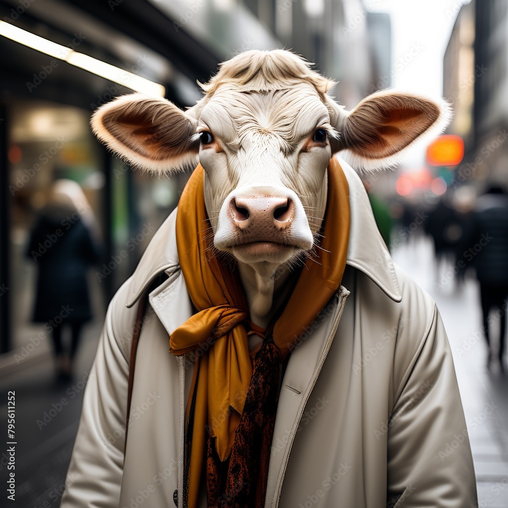 Wall mural young man wearing white mask and black jacket with brown cow in his face.