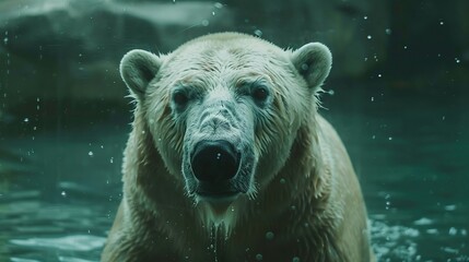 a polar bear in a mysterious setting, with its body partially submerged in water. Generative AI - Powered by Adobe