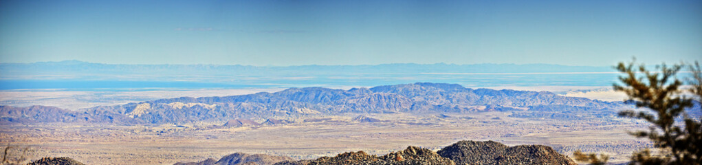 California, desert and landscape with panorama, enviroment and blue sky for travel or tourism....