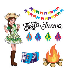 Set of June party items with accordion, flags, Saint John bonfire, balloons and a country woman. Isolated on transparent background