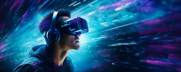 A young man wearing VR headset, playing with his goggles in a futuristic cyber world - Virtual reality, innovation and new technology abstract concept - 795612069