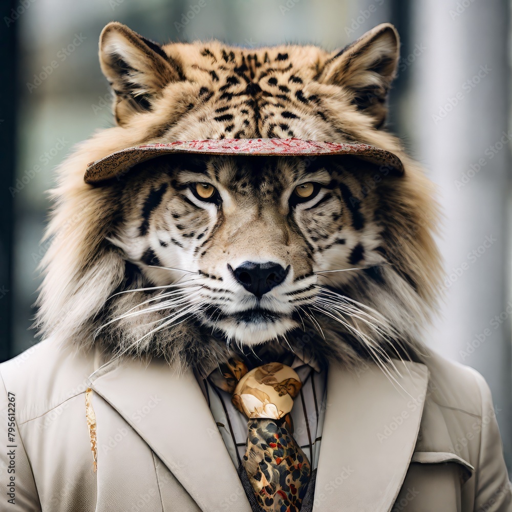 Poster portrait of a handsome tiger wearing hat