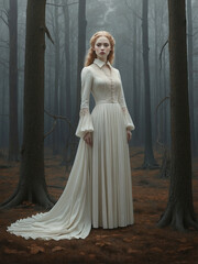 Fototapeta premium Woman in white dress standing in mystical foggy forest