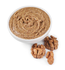 Delicious nut butter and walnuts isolated on white