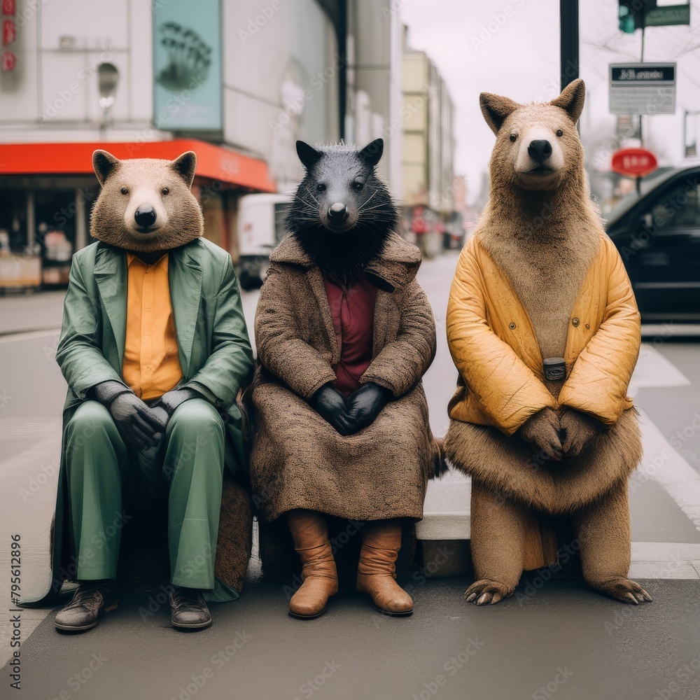 Sticker group of three friends dressed in fashionable clothes posing on city street winter