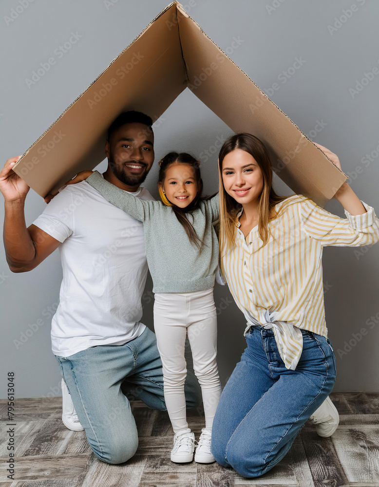 Wall mural happy multiethnic family with child holding cardboard roof