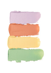 Samples of different color correcting concealers on white background, top view