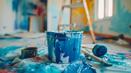 A bucket of blue paint and paintbrushes in a room with ladder