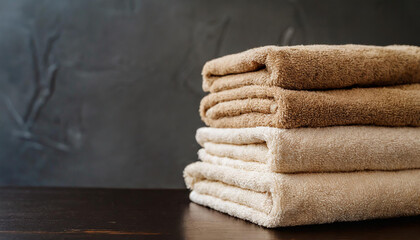 Stack of folded beige towels on table, dark wall on background. Home laundry.