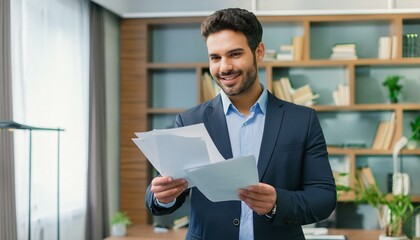 Happy young Latin business man checking financial documents in office. Smiling male professional account manager executive lawyer holding corporate tax bill papers standing at work