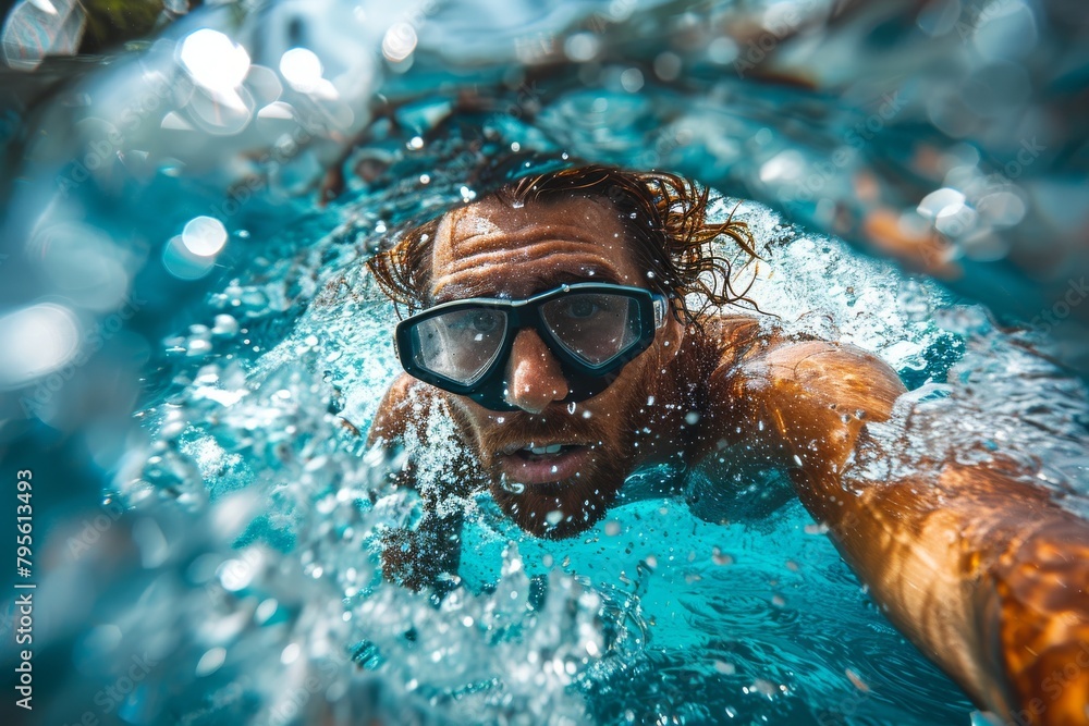 Poster crystal clear underwater image of a swimmer with light reflections and bubbles in a pool