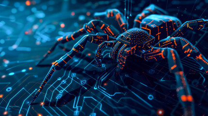 Blue cybernetic spider on a digital network background