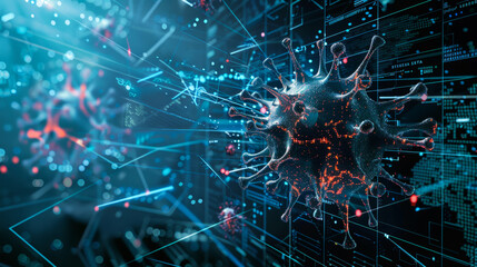 Abstract virus structure with data analysis graphics
