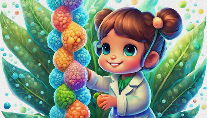 Fototapeta na wymiar oil painting style CARTOON CHARACTER CUTE BABY BOY Molecular biologist analyzing DNA structure in a lab,
