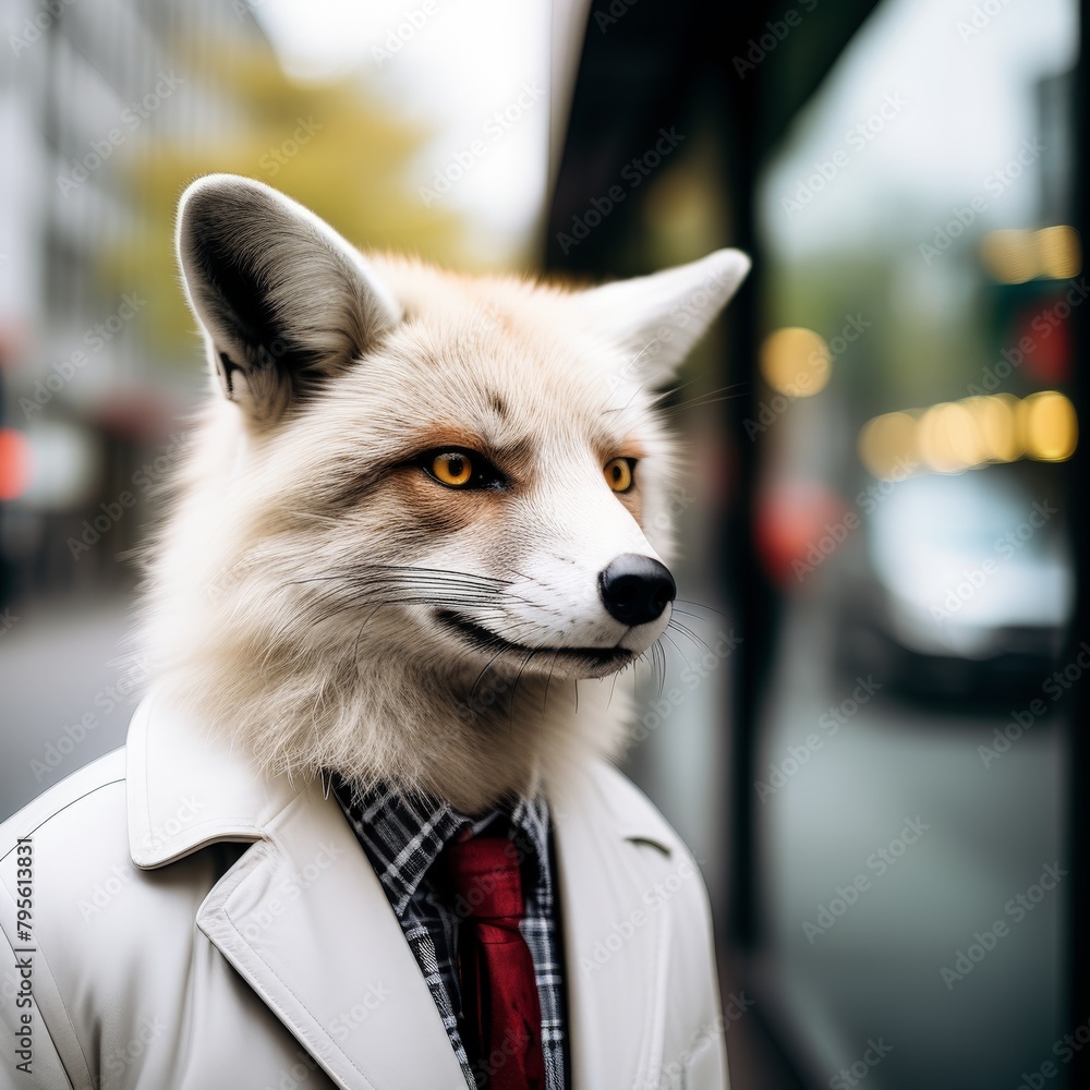 Poster portrait of a handsome fox in the city