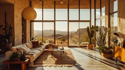 Sunlit Modern Living Room Overlooking Stunning Desert Landscape