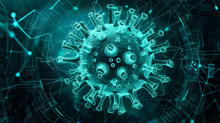 Neon blue virus model with network data background