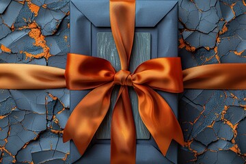 gift card with bright and shiny ribbon bow isolated on blue grunge background, top view and copy space