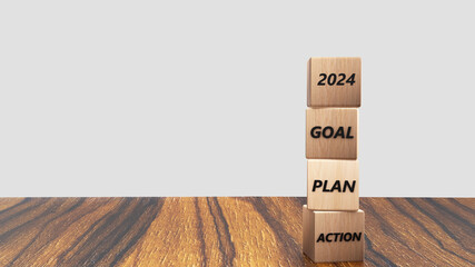 businessman hand flip wooden cubes from new year 2024 with action goal plan. 2024 strategy business growth concept.
