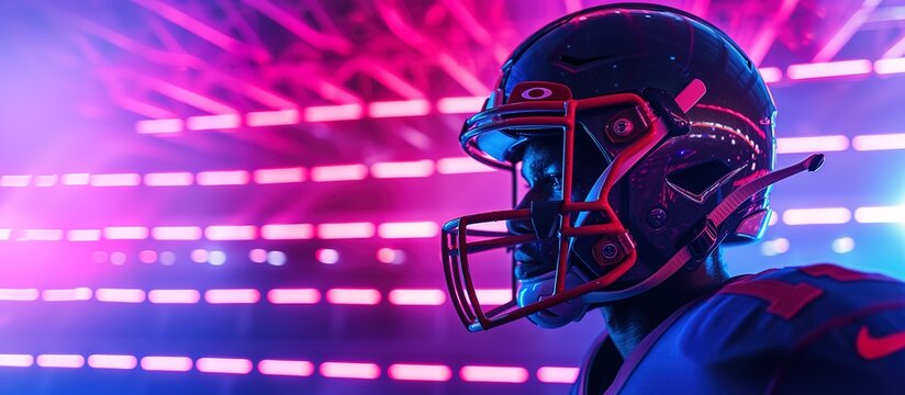 Close-up portrait of african american football player in a helmet on an ultraviolet neon background