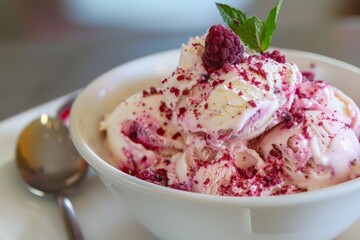 Soft ice cream in a cone with rosewater flavor, topped with whipped ice cream, no milk, set as a collection of white chocolate cream treats.