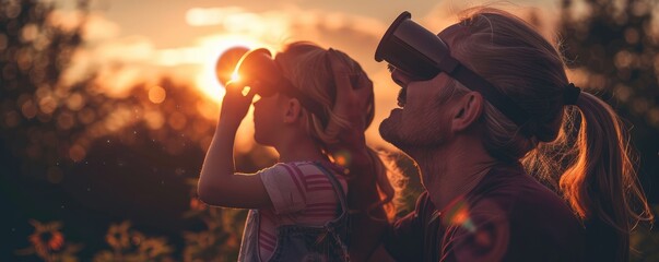A back view of the father with him child looking for the sun during a solar eclipse in the nature. - obrazy, fototapety, plakaty
