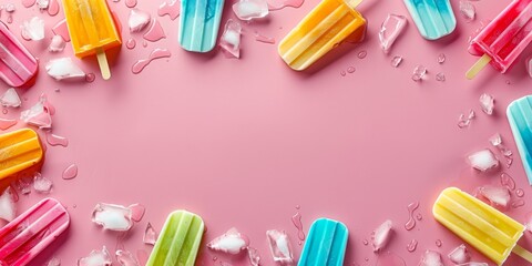 Multicolored popsicles and ice on pink background, summer dessert concept, top view banner with copy space