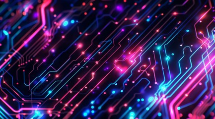 colorful circuit board pattern on a black background, with neon blue and purple lines the digital connections between parts of an electronic device in the style of an electronic circuit Generative AI - obrazy, fototapety, plakaty