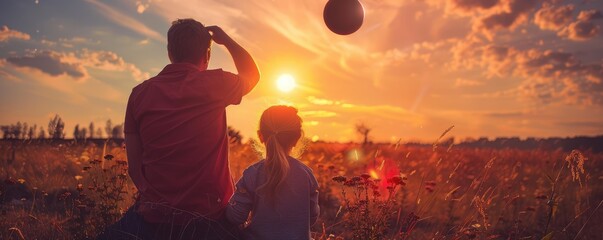 A back view of the father with him child looking for the sun during a solar eclipse in the nature.