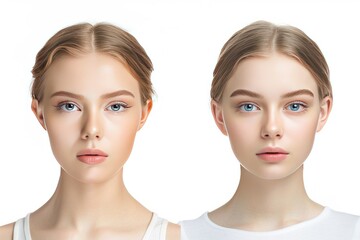 Before and after concept of cosmetic effects, treatment and skin care. face of young woman before and after the procedure isolated on white background