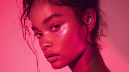 Radiant Beauty Model in Vibrant Pink Lighting Portrait