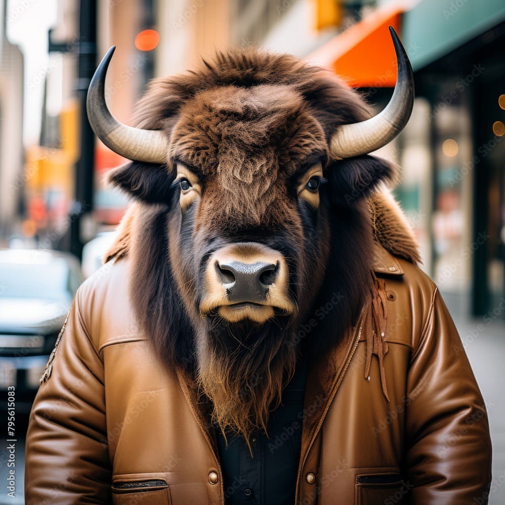 Sticker portrait of a young bull in front big building