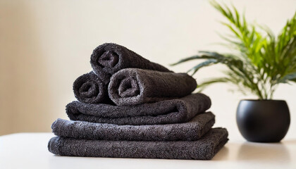 Stack of folded black towels on table, light wall on background. Home laundry. Housekeeping concept