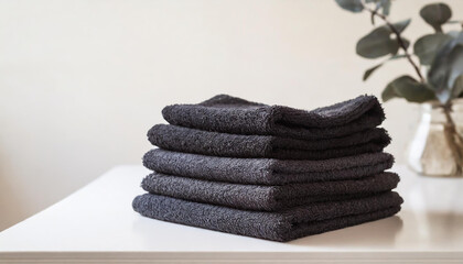 Stack of folded black towels on table, light wall on background. Home laundry. Housekeeping concept