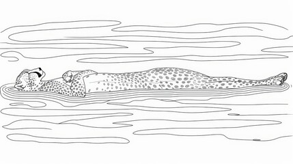   A cheetah submerged in water, head raised above the surface – black and white drawing