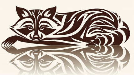 Obraz premium A raccoon in black and white, reclining on a reflective surface; its mirror image in the water