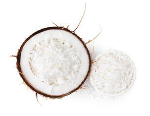Naklejka premium Coconut flakes and nut isolated on white, top view