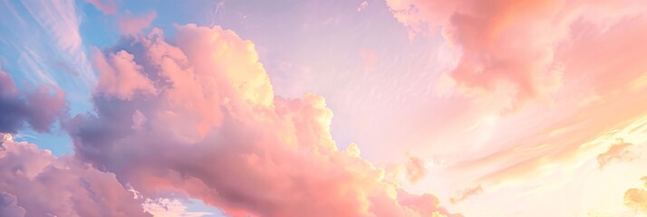 Majestic real sunrise or sundown sky background with gentle colorful clouds in a panoramic, large-scale format