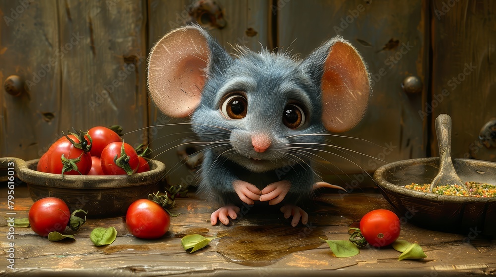 Poster a mouse standing next to a bowl of tomatoes another bowl holds tomatoes with a spoon in front of it