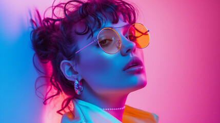 Vibrant vaporwave trend: stylish woman, neon clothes, retro background. Perfect for advertising, social media, magazine covers.