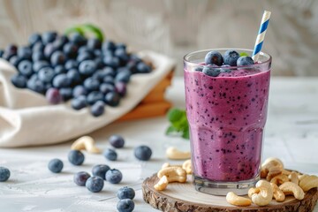 Berry smoothie in tall glass with blue and white striped paper straw on wooden round on white surface with raw cashews and blueberries scattered. A wooden box of market blueberries in the background. - Powered by Adobe