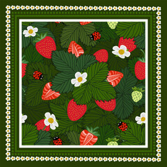Color green abstract ornament strawberry. Fashion flower scarf pattern-vector illustration. Headscarf scarf hijab pattern with geometric berry pattern.
