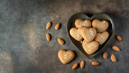 Heart shaped cookies with almonds on rustic background. Top view with copy space